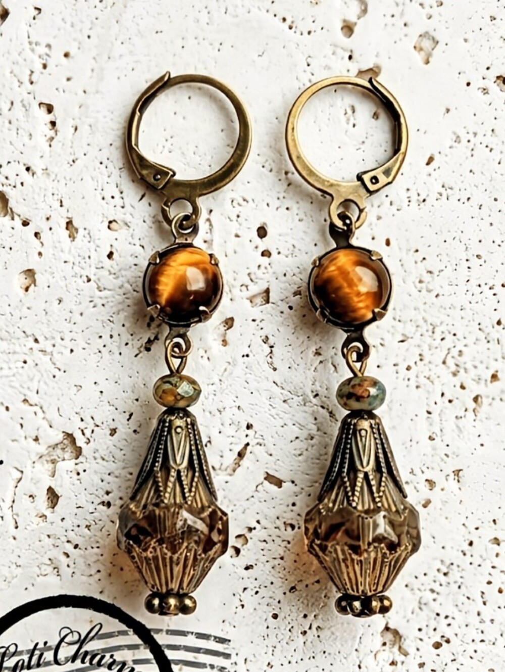Victorian Tiger Eye & Rustic Glass In Brass Earrings